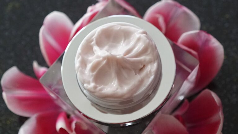 Mineral-based cream placed in a container in the center of a flower