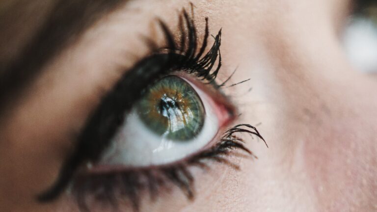 close up of a womans green eye with mascara on her eyelash