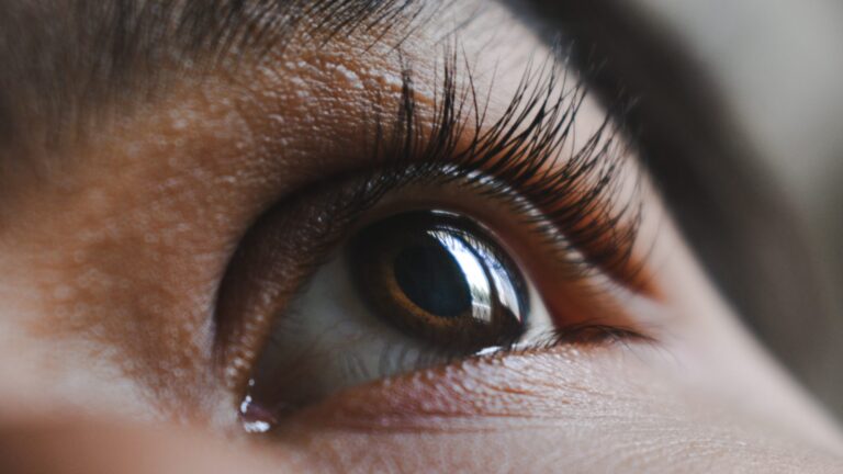 close up of a womans eyelash with mascara after a lash lift