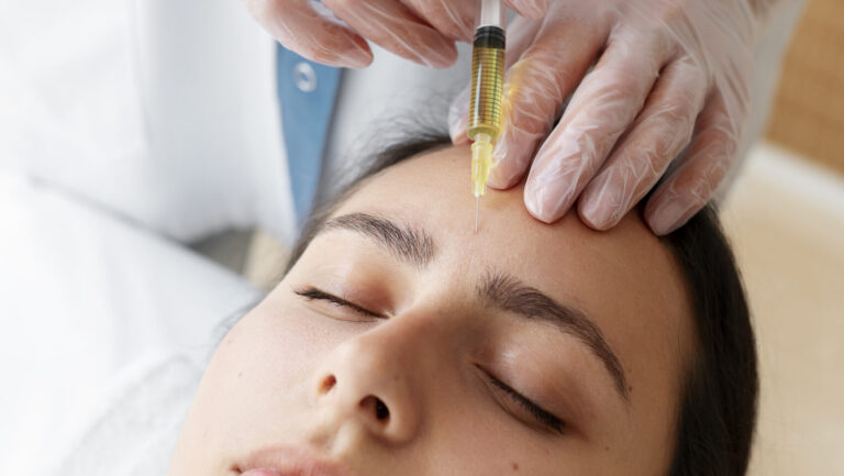 high angle shot of a woman getting micro-needling on her forehead